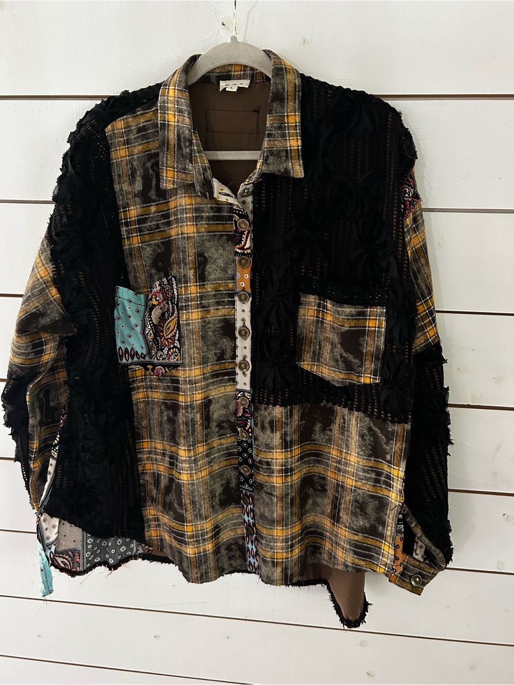 POL Bad Habits Vintage Washed Plaid + Lace Button Down Shirt Boho Patchwork LG